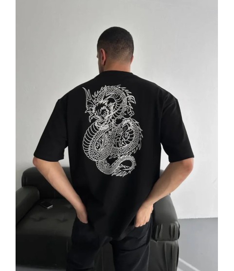 Baskılı Oversize Bisiklet Yaka T-shirt - Siyah