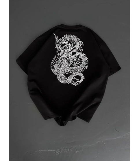 Baskılı Oversize Bisiklet Yaka T-shirt - Siyah