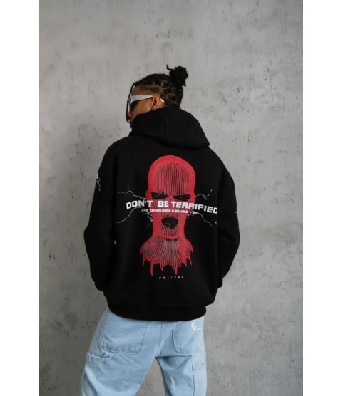 Erkek Oversize Üç İplik Kapüşonlu Sweatshirt – Siyah “Don’t Be Terrified” Ön, Sırt Ve Kol Baskılı, Kanguru Cepli, Ribanalı Rahat Model- Siyah