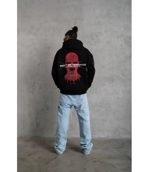Erkek Oversize Üç İplik Kapüşonlu Sweatshirt – Siyah “Don’t Be Terrified” Ön, Sırt Ve Kol Baskılı, Kanguru Cepli, Ribanalı Rahat Model- Siyah Erkek Oversize Üç İplik Kapüşonlu Sweatshirt – Siyah “Don’t Be Terrified” Ön, Sırt Ve Kol Baskılı, Kanguru Cepli, Ribanalı Rahat Model- Siyah