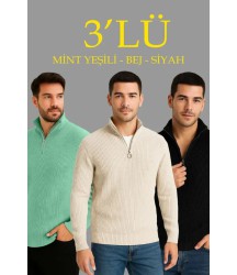 Erkek Fitilli Triko Kazak 3’lü Set – Mint Yeşili, Siyah, Bej Kalın Dokuma Pamuklu Regular Fit V Yaka Fermuarlı Uzun Kollu Rahat Kışlık Kazak Kombini