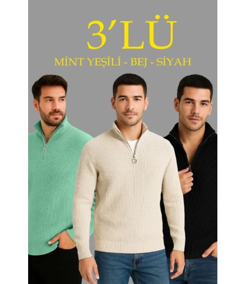 Erkek Fitilli Triko Kazak 3’lü Set – Mint Yeşili, Siyah, Bej Kalın Dokuma Pamuklu Regular Fit V Yaka Fermuarlı Uzun Kollu Rahat Kışlık Kazak Kombini