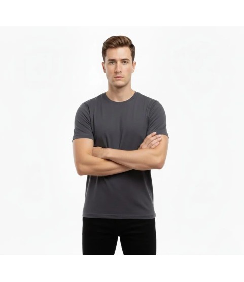 Erkek T-Shirt Bisiklet Yaka Slim Fit Dar Kesim Likralı Tişört Günlük Basic Body - Füme