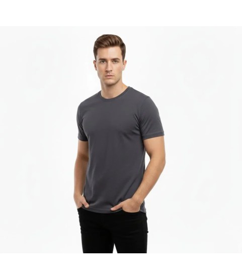 Erkek T-Shirt Bisiklet Yaka Slim Fit Dar Kesim Likralı Tişört Günlük Basic Body - Füme