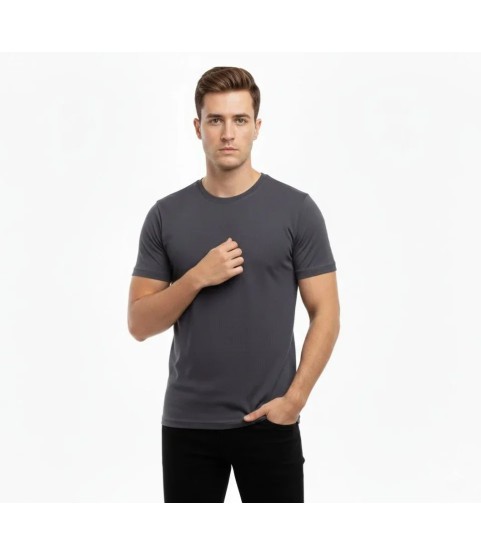 Erkek T-Shirt Bisiklet Yaka Slim Fit Dar Kesim Likralı Tişört Günlük Basic Body - Füme