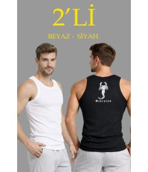 Erkek Spor Fitilli Atlet 2li Set Siyah Ve Beyaz Slim Fit Kaşkorse Arka Baskılı Spor Atlet