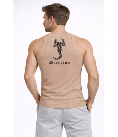 Erkek Spor Fitilli Atlet 2li Set Kahverengi Ve Beyaz Slim Fit Kaşkorse Arka Baskılı Spor Atlet