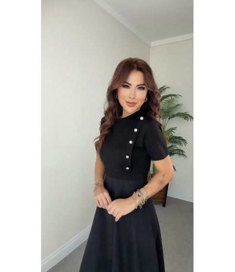 Kadın Kısa Kollu Bisiklet Yaka Gold Düğme Detay Midi Boy Elbise