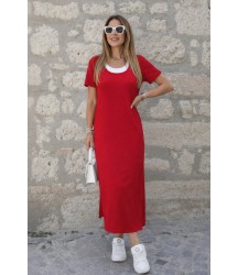 Kadın Kısa Kollu Içi Atlet Görünümlü Yandan Yırtmaçlı Uzun Viskon Elbise