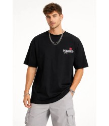 Erkek Bisiklet Yaka Baskılı  Kısa Kollu Tişört Streetwear Günlük Basic Pamuklu T-shirt - Siyah