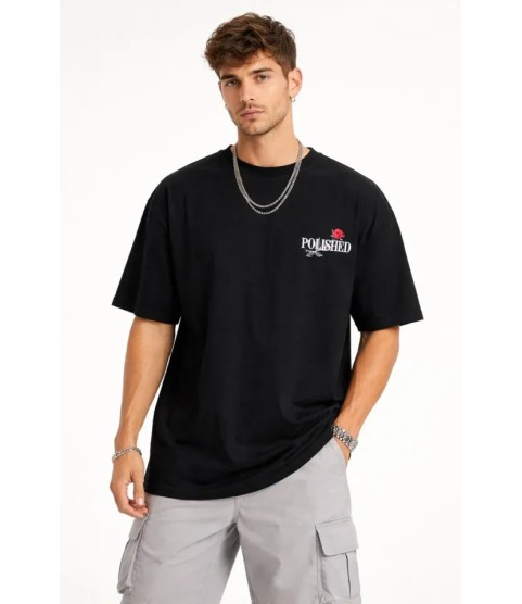 Erkek Bisiklet Yaka Baskılı  Kısa Kollu Tişört Streetwear Günlük Basic Pamuklu T-shirt - Siyah