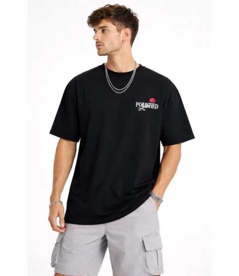 Erkek Bisiklet Yaka Baskılı  Kısa Kollu Tişört Streetwear Günlük Basic Pamuklu T-shirt - Siyah