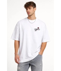 Erkek Bisiklet Yaka Baskılı Kısa Kollu Tişört Streetwear Günlük Basic Pamuklu T-shirt - Beyaz