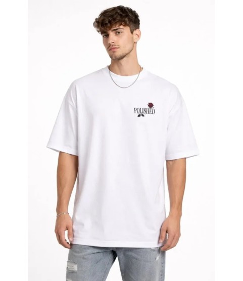 Erkek Bisiklet Yaka Baskılı Kısa Kollu Tişört Streetwear Günlük Basic Pamuklu T-shirt - Beyaz