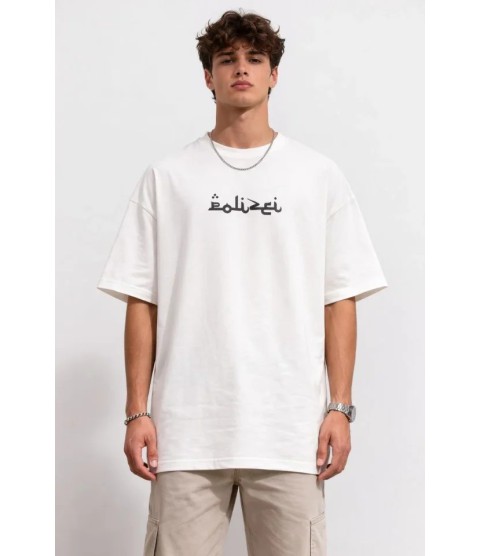 Erkek Bisiklet Yaka Baskılı Kısa Kollu Tişört Streetwear Günlük Basic Pamuklu T-shirt - Beyaz