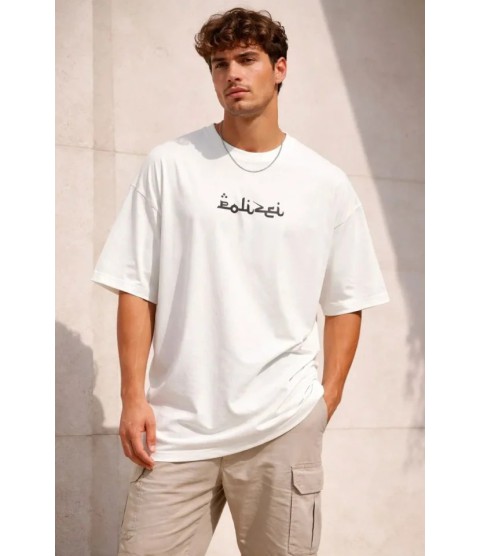 Erkek Bisiklet Yaka Baskılı Kısa Kollu Tişört Streetwear Günlük Basic Pamuklu T-shirt - Beyaz