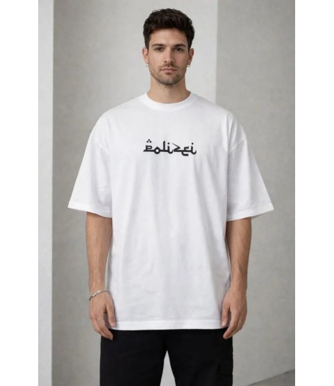 Erkek Bisiklet Yaka Baskılı Kısa Kollu Tişört Streetwear Günlük Basic Pamuklu T-shirt - Beyaz