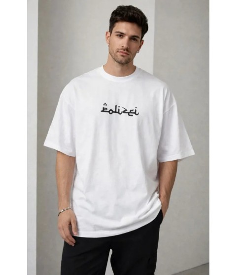 Erkek Bisiklet Yaka Baskılı Kısa Kollu Tişört Streetwear Günlük Basic Pamuklu T-shirt - Beyaz