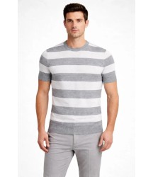 Erkek T-shirt Çizgili Triko Dokuma Bisiklet Yaka Tişört - Gri