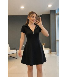 Kadın Kısa Kollu Yakası Fermuarlı Kısa Viskon Iki Iplik Elbise