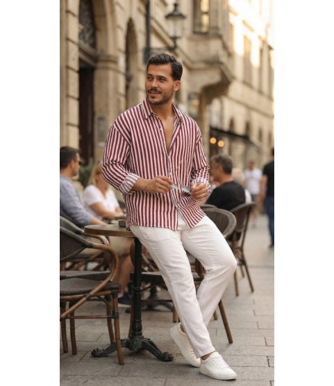 Erkek Dikey Çizgili Yarım Oversize Gömlek