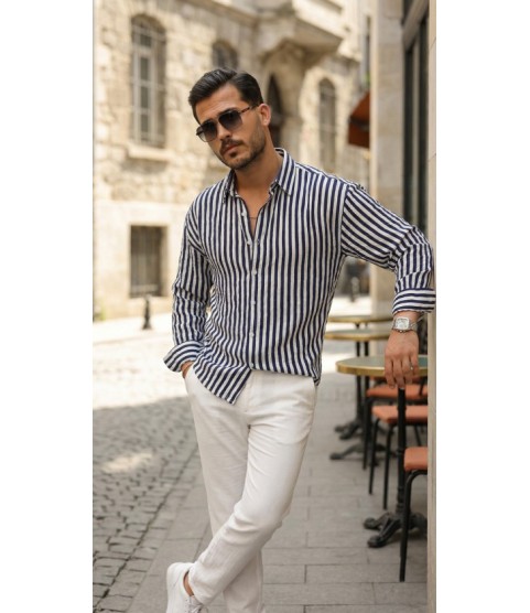 Erkek Dikey Çizgili Yarım Oversize Gömlek