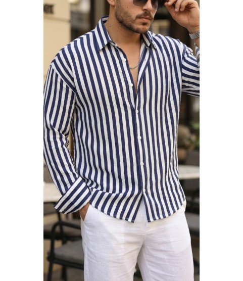 Erkek Dikey Çizgili Yarım Oversize Gömlek