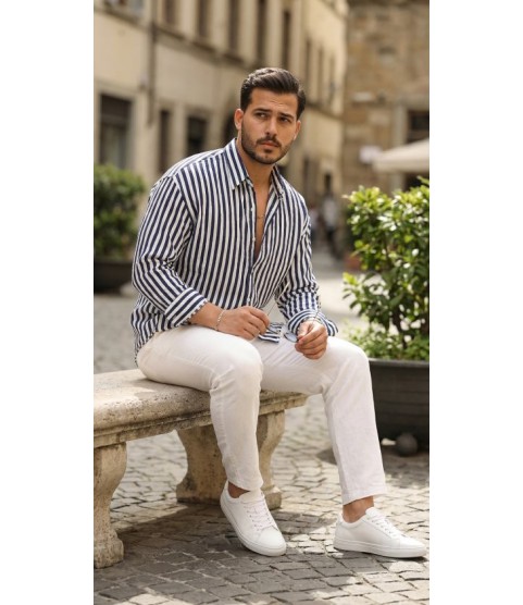 Erkek Dikey Çizgili Yarım Oversize Gömlek