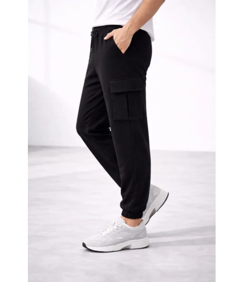 Erkek Jogger Eşofman Altı Regular Fit , Kargo Cepli, Lastikli Paça, Günlük Spor Pantolon - Siyah