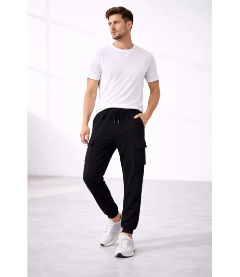Erkek Jogger Eşofman Altı Regular Fit , Kargo Cepli, Lastikli Paça, Günlük Spor Pantolon - Siyah