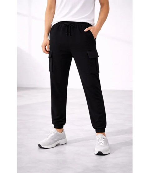 Erkek Jogger Eşofman Altı Regular Fit , Kargo Cepli, Lastikli Paça, Günlük Spor Pantolon - Siyah