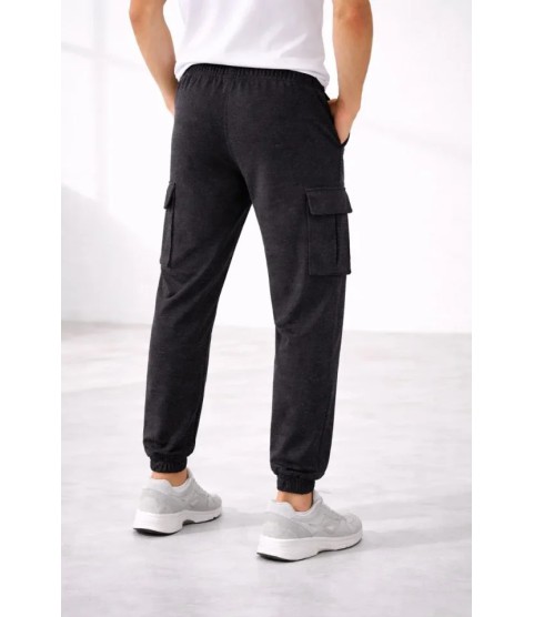 Erkek Jogger Eşofman Altı Regular Fit , Kargo Cepli, Lastikli Paça, Günlük Spor Pantolon - Füme