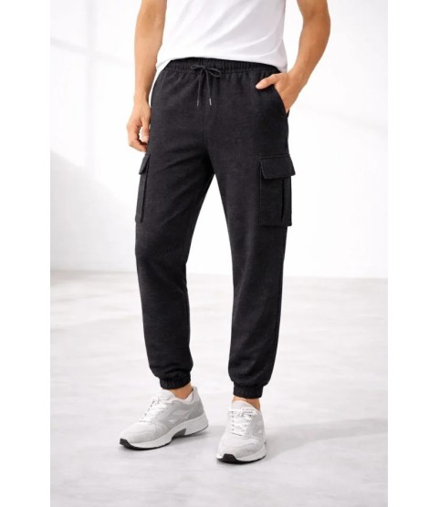 Erkek Jogger Eşofman Altı Regular Fit , Kargo Cepli, Lastikli Paça, Günlük Spor Pantolon - Füme