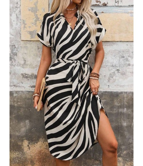 Kadın Kısa Kollu V Hakim Yakalı Zebra Desenli Midi Süprem Elbise Kadın Kısa Kollu V Hakim Yakalı Zebra Desenli Midi Süprem Elbise