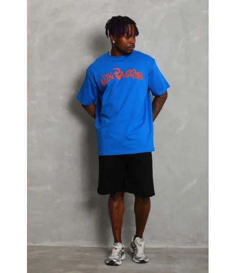 Erkek Baskılı T-Shirt Kısa Kol Bisiklet Yaka Regular Fit Rahat Kalıp Günlük Tişört - Saks Mavisi
