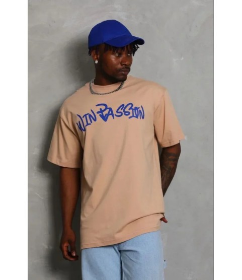 Erkek Baskılı T-Shirt Kısa Kol Bisiklet Yaka Regular Fit Rahat Kalıp Günlük Tişört - Bej