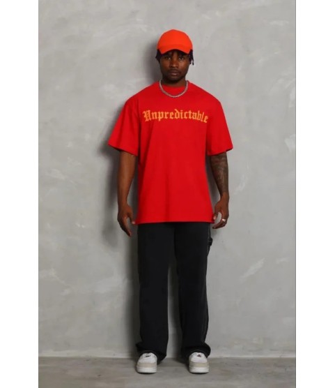 Erkek Baskılı T-Shirt Kısa Kol Bisiklet Yaka Regular Fit Rahat Kalıp Günlük Tişört - Kırmızı