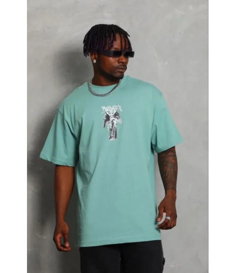 Erkek Baskılı T-Shirt Kısa Kol Bisiklet Yaka Regular Fit Rahat Kalıp Günlük Tişört - Mint Yeşili
