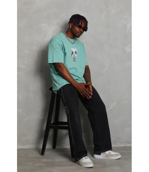 Erkek Baskılı T-Shirt Kısa Kol Bisiklet Yaka Regular Fit Rahat Kalıp Günlük Tişört - Mint Yeşili
