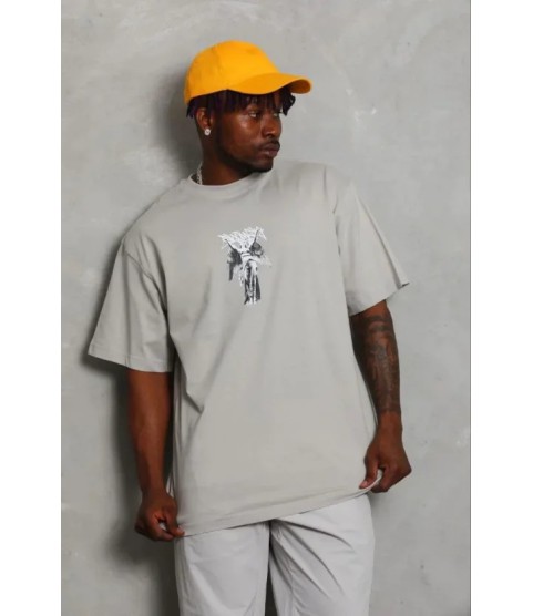 Erkek Baskılı T-Shirt Kısa Kol Bisiklet Yaka Regular Fit Rahat Kalıp Günlük Tişört - Gri