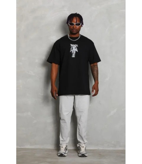 Erkek Baskılı T-Shirt Kısa Kol Bisiklet Yaka Regular Fit Rahat Kalıp Günlük Tişört - Siyah