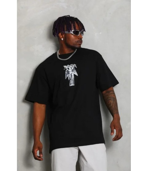 Erkek Baskılı T-Shirt Kısa Kol Bisiklet Yaka Regular Fit Rahat Kalıp Günlük Tişört - Siyah