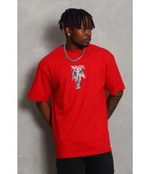 Erkek Baskılı T-Shirt Kısa Kol Bisiklet Yaka Regular Fit Rahat Kalıp Günlük Tişört - Kırmızı