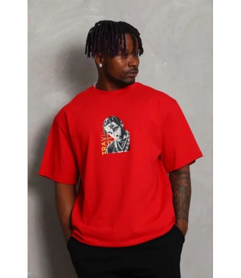 Erkek Baskılı T-Shirt Kısa Kol Bisiklet Yaka Regular Fit Rahat Kalıp Günlük Tişört - Kırmızı
