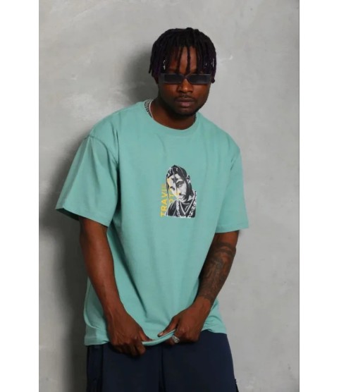 Erkek Baskılı T-Shirt Kısa Kol Bisiklet Yaka Regular Fit Rahat Kalıp Günlük Tişört - Mint Yeşili