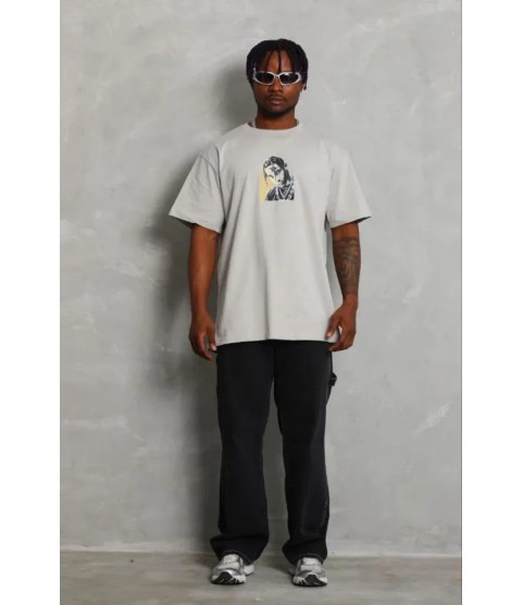 Erkek Baskılı T-Shirt Kısa Kol Bisiklet Yaka Regular Fit Rahat Kalıp Günlük Tişört - Gri