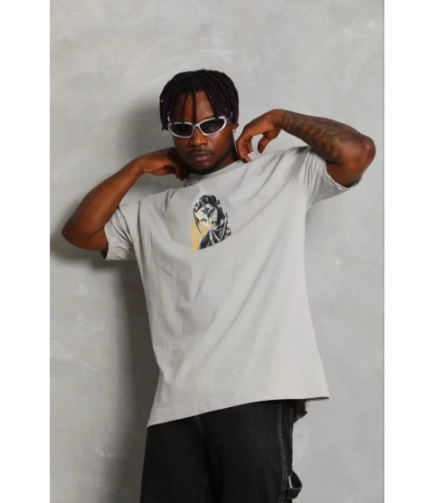 Erkek Baskılı T-Shirt Kısa Kol Bisiklet Yaka Regular Fit Rahat Kalıp Günlük Tişört - Gri