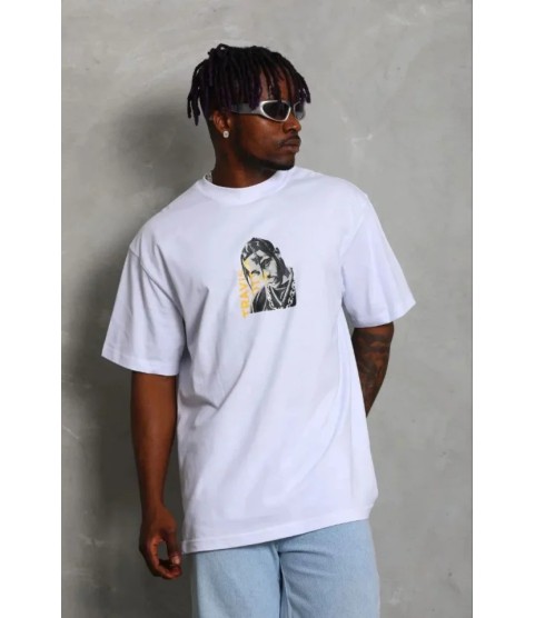 Erkek Baskılı T-Shirt Kısa Kol Bisiklet Yaka Regular Fit Rahat Kalıp Günlük Tişört - Beyaz