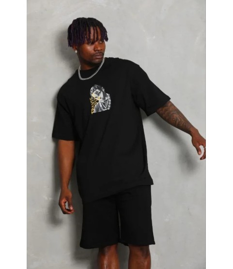 Erkek Baskılı T-Shirt Kısa Kol Bisiklet Yaka Regular Fit Rahat Kalıp Günlük Tişört - Siyah
