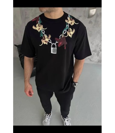 Erkek Baskılı T-Shirt Kısa Kol Bisiklet Yaka Regular Fit Rahat Kalıp Günlük Tişört - Siyah